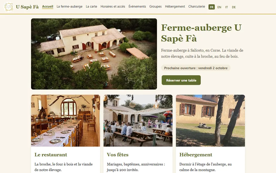 Page d'accueil du site de la Ferme-auberge U Sapè Fà